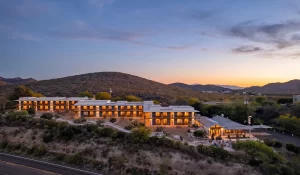 Aerial view of Tombstone Lookout Lodge grounds, historic accommodation near O.K. Corral and Tombstone attractions