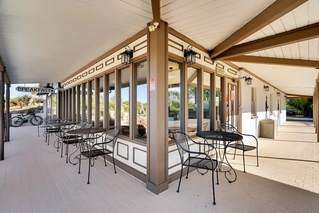 Main entry and reception area of Lookout Lodge historic hotel in Tombstone, Arizona welcoming guests to Wild West heritage lodging