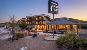 Exterior front view of Lookout Lodge historic hotel in Tombstone, Arizona showcasing Wild West architectural heritage