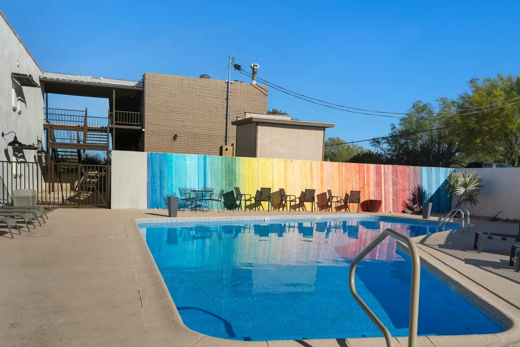 Heated outdoor swimming pool at Tombstone Lookout Lodge, Arizona – guest amenity near O.K. Corral and Wild West attractions