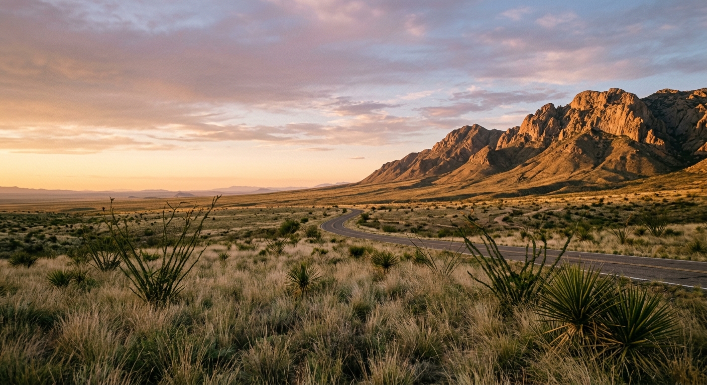 Wide view of the Dragoon Mountains in Cochise County, Arizona at sunset, with high-desert grassland, scattered ocotillo and yucca, and an empty two-lane road curving toward the horizon.