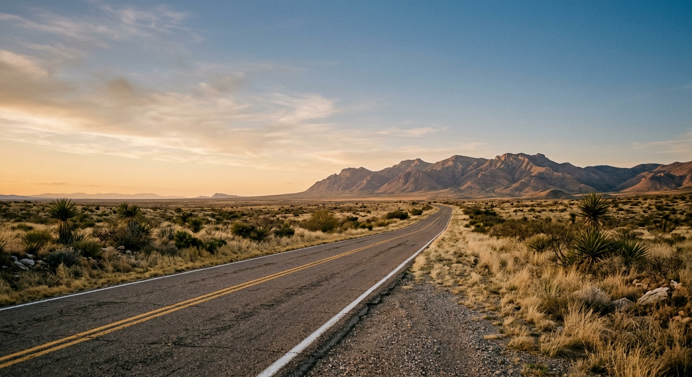 Empty two-lane Highway 80 with double yellow lines stretching toward the Dragoon Mountains in Cochise County, Arizona at golden hour, high-desert grassland and yucca on both sides.