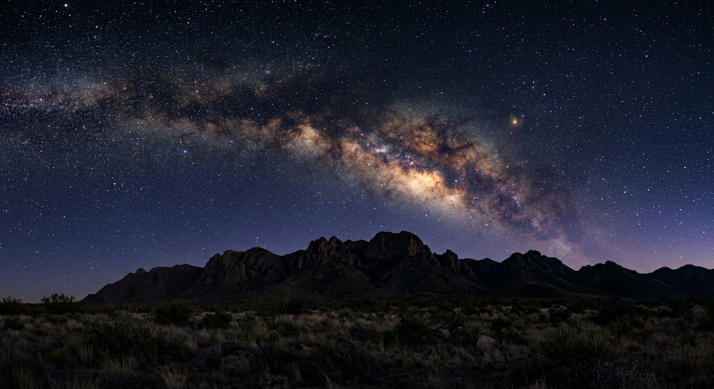 The Milky Way arching over the silhouette of the Dragoon Mountains in southeastern Arizona, with dark high-desert grassland in the foreground and densely scattered stars filling the sky.