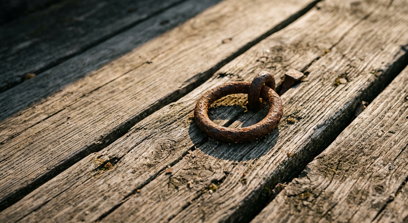 Close-up of a rusted iron hitching ring set into weathered grey-brown wooden boardwalk planks in golden afternoon sunlight.