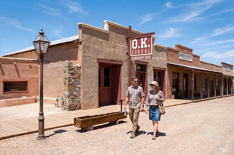 Allen Street and the O.K. Corral — Tombstone, Arizona Visitors stroll Tombstone's historic Allen Street past the adobe O.K. Corral gunfight site under a bright blue sky.