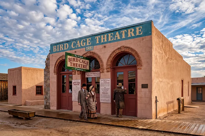 The Bird Cage Theatre — Tombstone, Arizona The 1881 Bird Cage Theatre, an adobe building with a teal sign and arched red doors, with costumed performers in 1880s dress out front in Tombstone, Arizona.