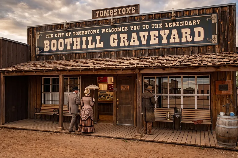 Boothill Graveyard — Tombstone, Arizona The weathered wooden entrance to Boothill Graveyard, with its large welcome sign and costumed visitors on the porch, in Tombstone, Arizona.
