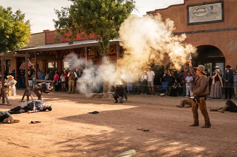 Old West Gunfight Reenactment (Helldorado Days) — Tombstone, Arizona Costumed actors perform a live Old West gunfight reenactment in a Tombstone street, gunsmoke in the air as a crowd of spectators watches.