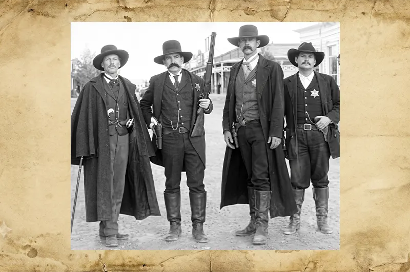 Old West Lawmen Portrait (Wyatt Earp Days) — Tombstone, Arizona A sepia-toned portrait of four men dressed as Old West lawmen with long coats, badges, and rifles, evoking Wyatt Earp and his deputies.